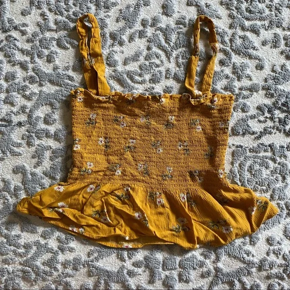 American Eagle smocked waist sleeveless crop top - golden yellow floral print - Picture 4 of 9